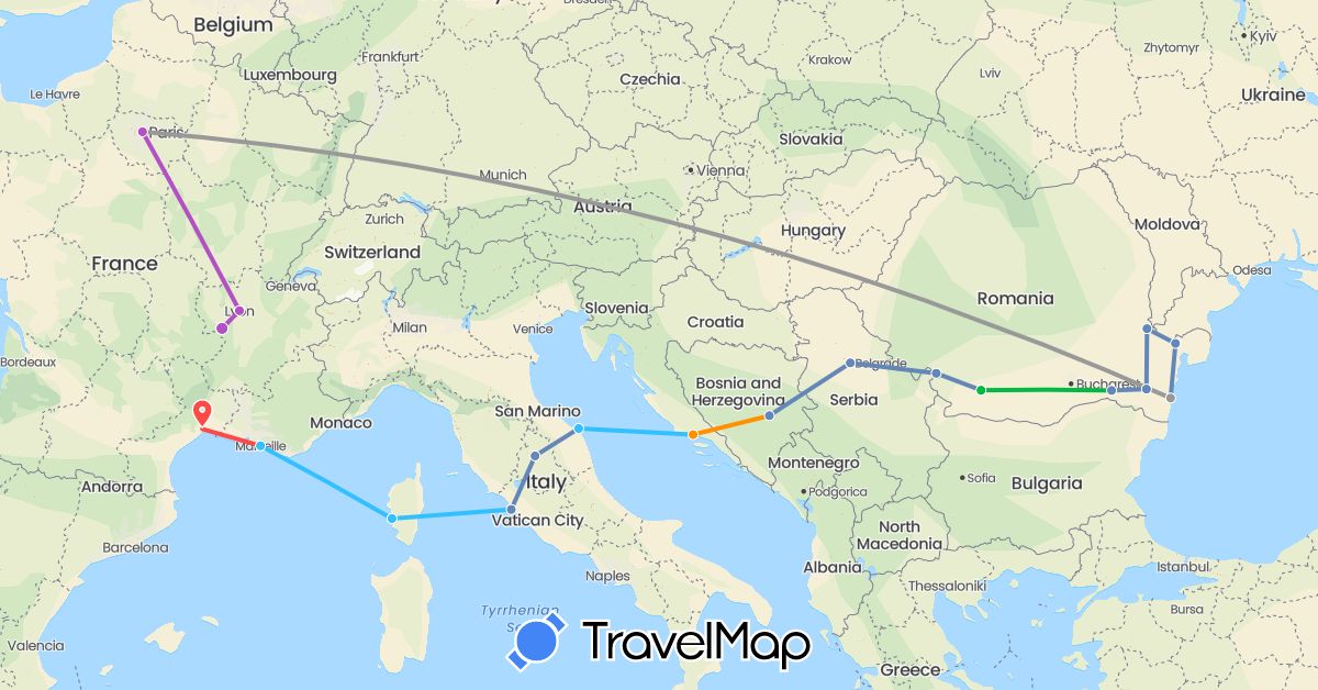 TravelMap itinerary: driving, bus, plane, cycling, train, hiking, boat, hitchhiking in Bosnia and Herzegovina, France, Croatia, Italy, Romania, Serbia (Europe)