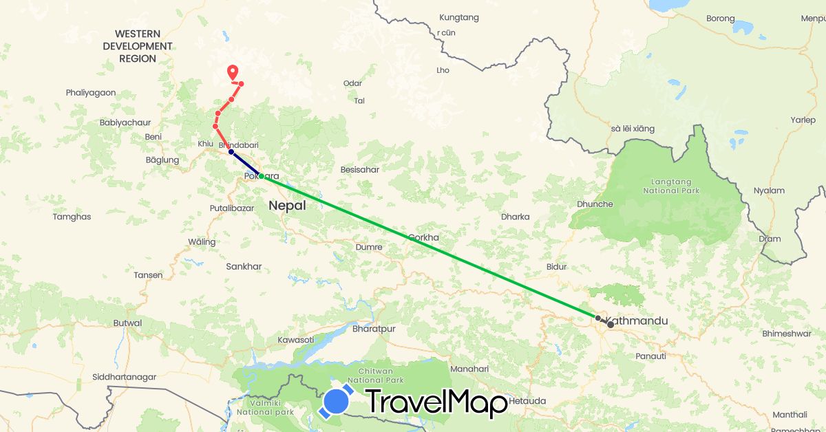 TravelMap itinerary: driving, bus, hiking, motorbike in Nepal (Asia)